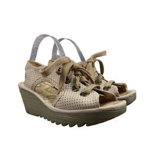 Fly London Shoes Womens 39 Sandal Wedge Lace Up Platform Leather Fashion Comfort